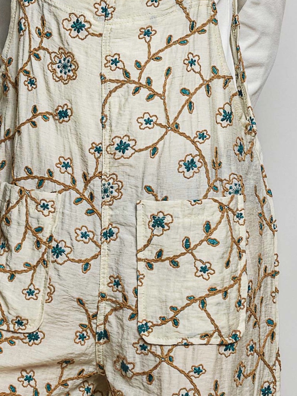 Bohemian Textured Floral Embroidered Wide-Leg Overalls - Cream - Picture 7 of 7